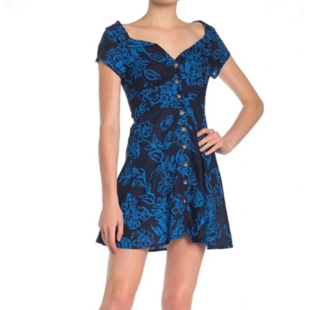 Nwt Free People Linen "A Thing Called Love" Dress Blue Combo Mini Floral Size 8